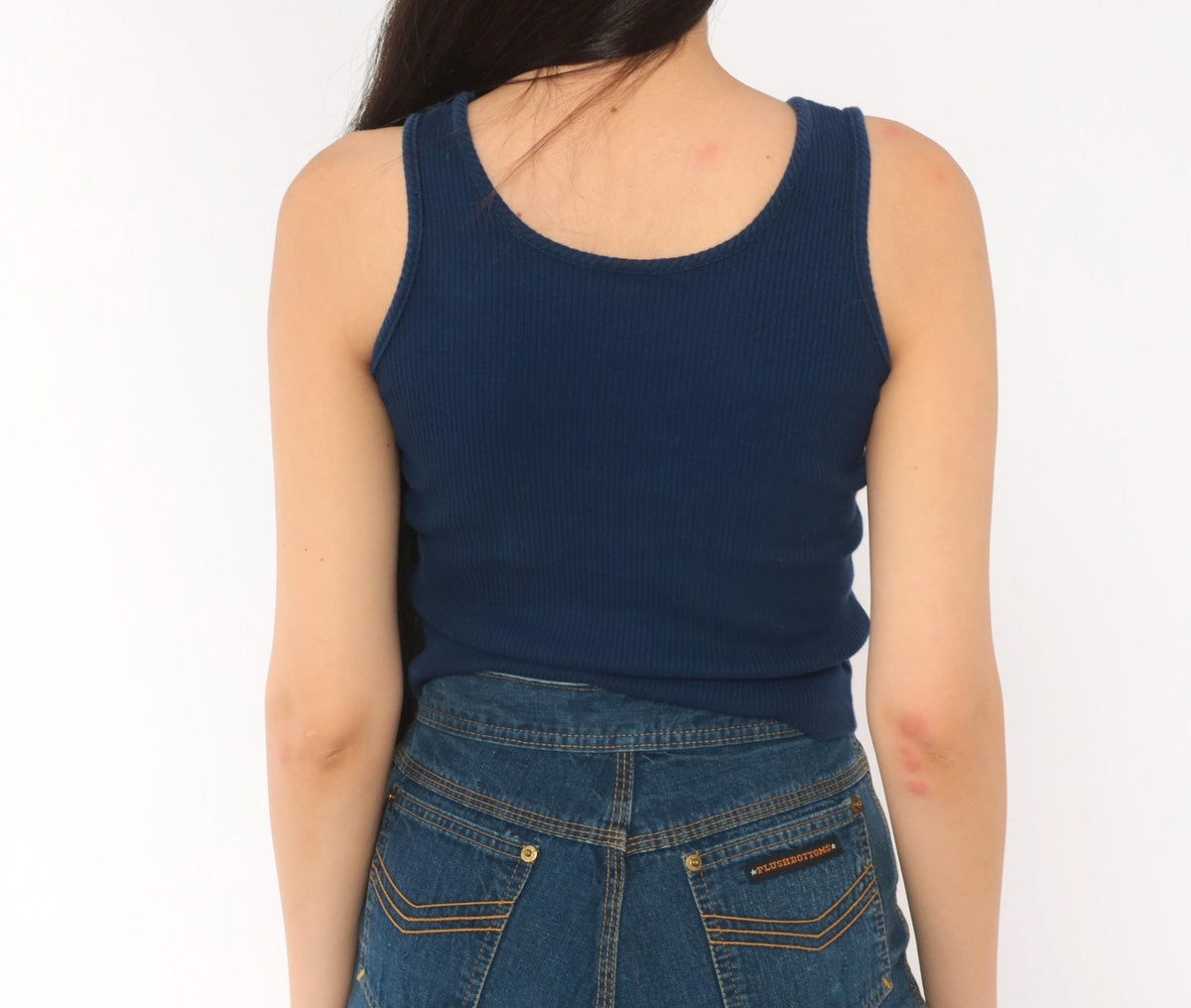 80s Navy Ribbed Tank Top Scoop Neckline Fitted Crop Cotton Extra Small XS