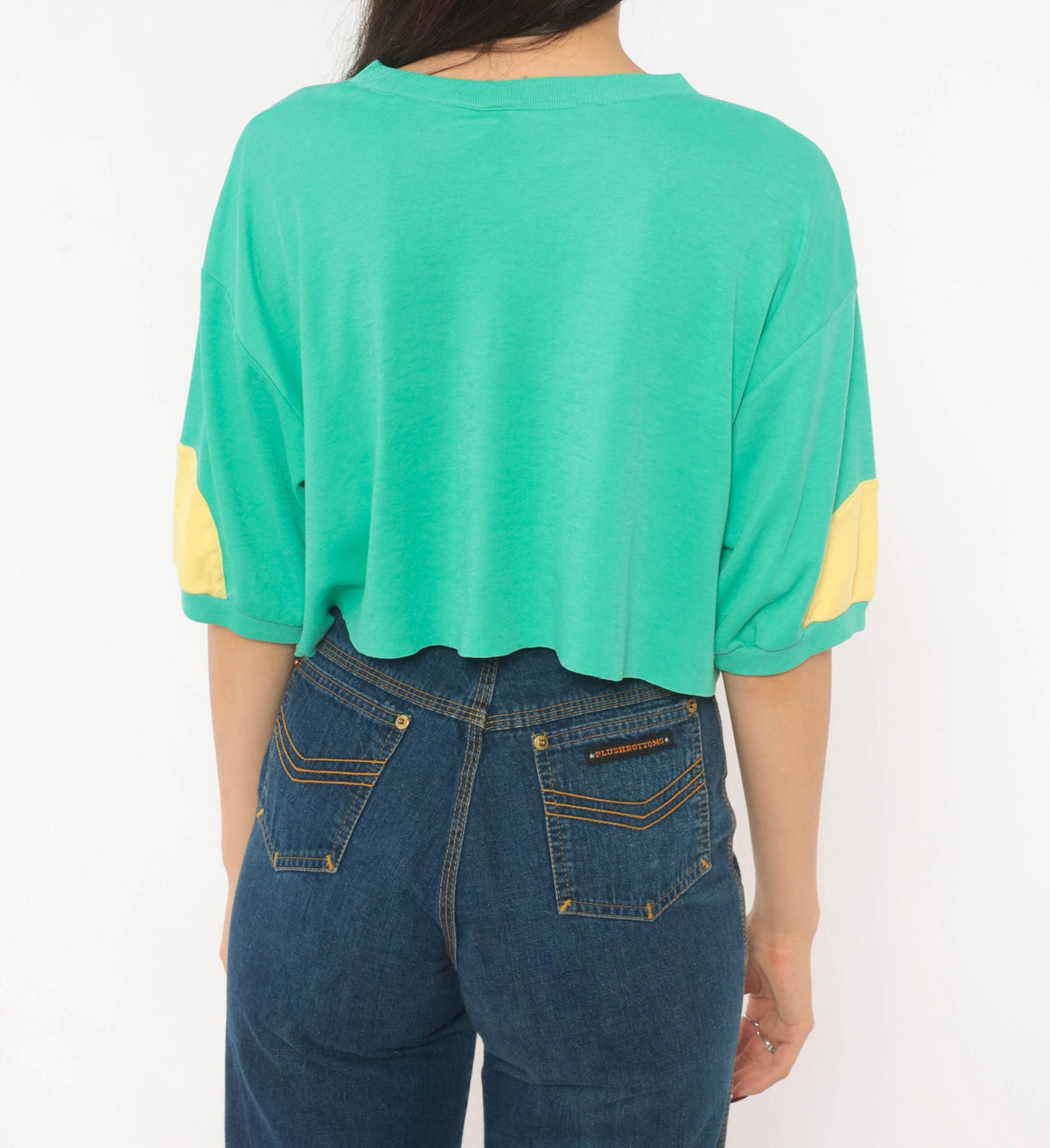 80s Color Block Crop Top Green White Yellow Cotton Medium M