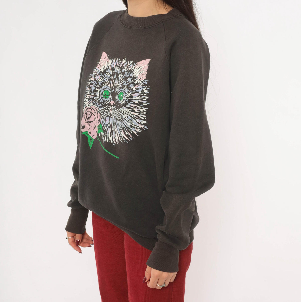 90s Fruit Of The Loom Cat Rose Raglan Sweatshirt Faded Black Large L