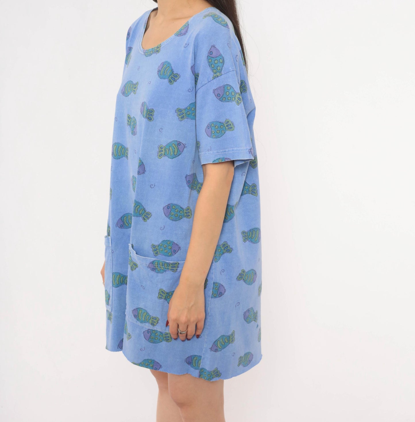 Fresh Produce Fish Print Tunic Dress Periwinkle Cotton Scoop Neck Small