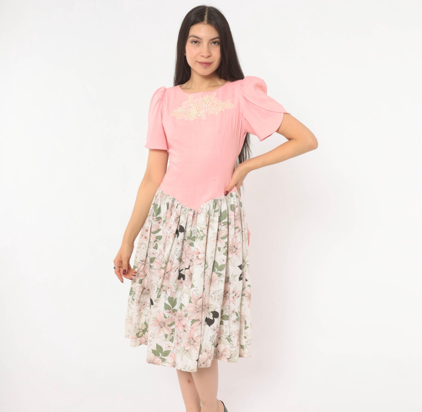 80s Pink Floral Puff Sleeve Dress Bow Back Drop Waist Cotton Small
