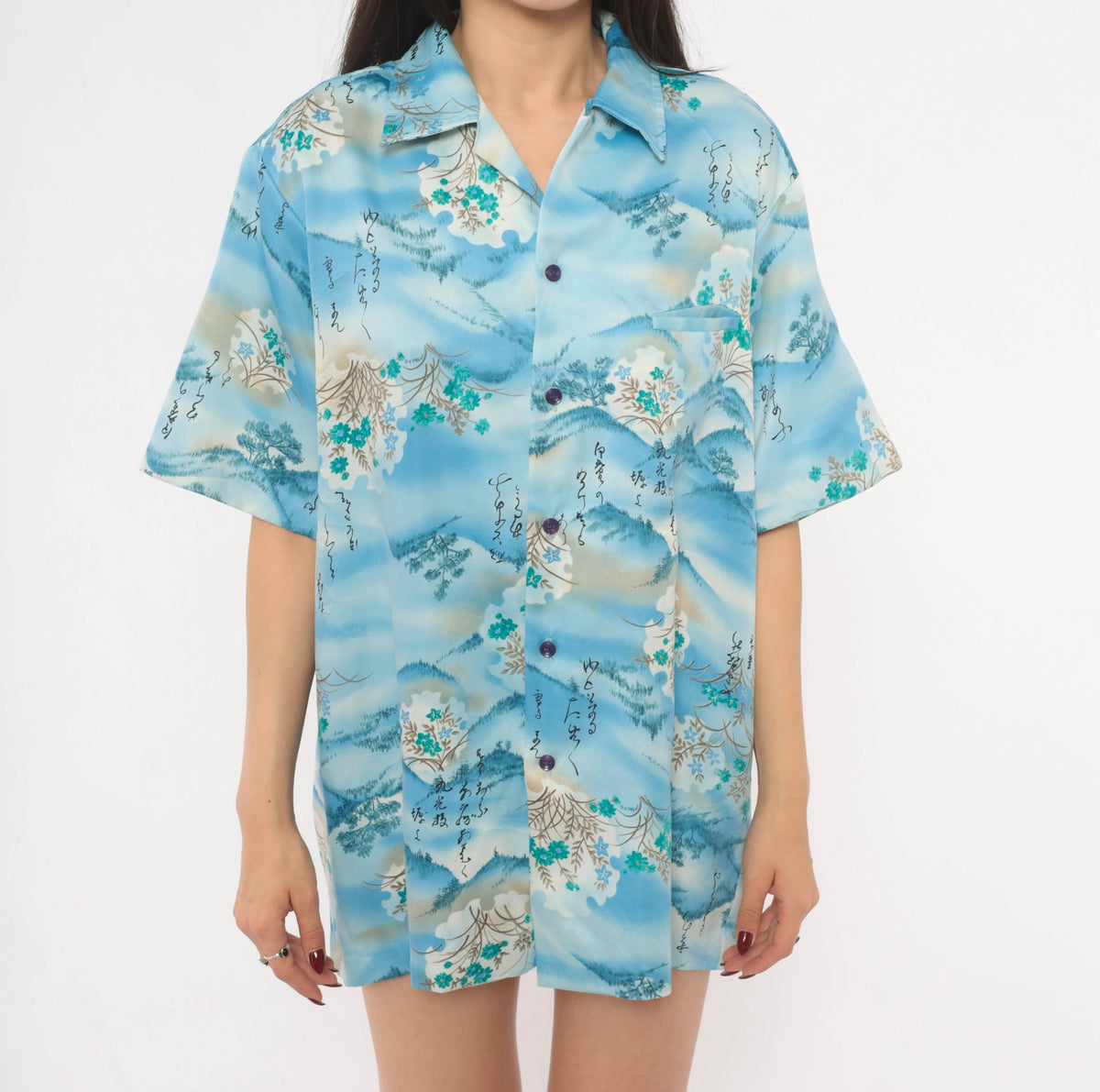 90s Mark Raysten Camp Collar Shirt Japanese Landscape Sky Blue Large L