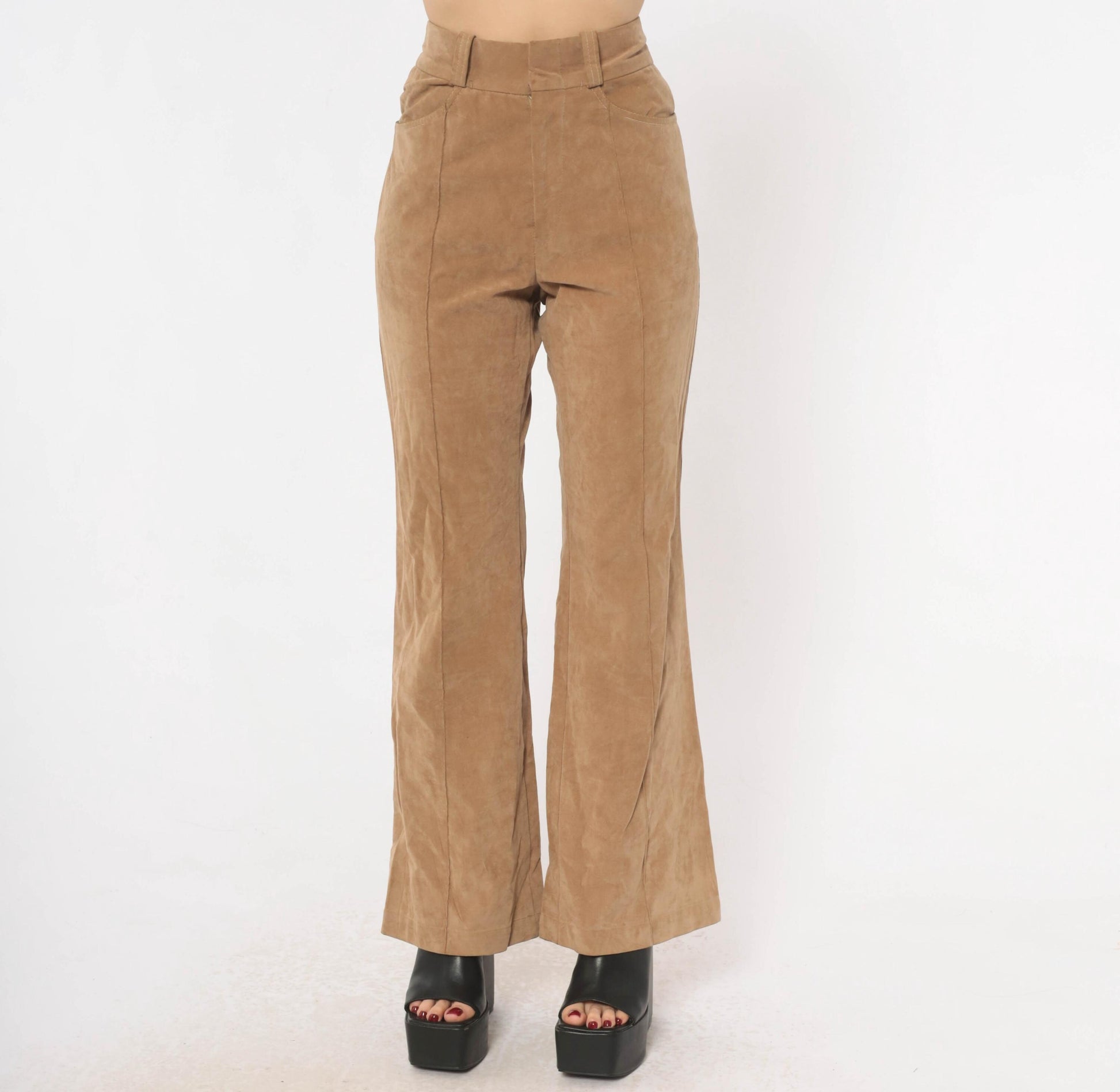 80s Lew Magram Faux Suede Flare Pants Tan High Waist Bell Bottom Small S