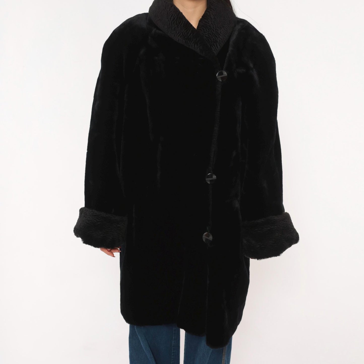 70s Gallery Black Faux Fur Coat Astrakhan Collar Knee-Length Extra Large XL