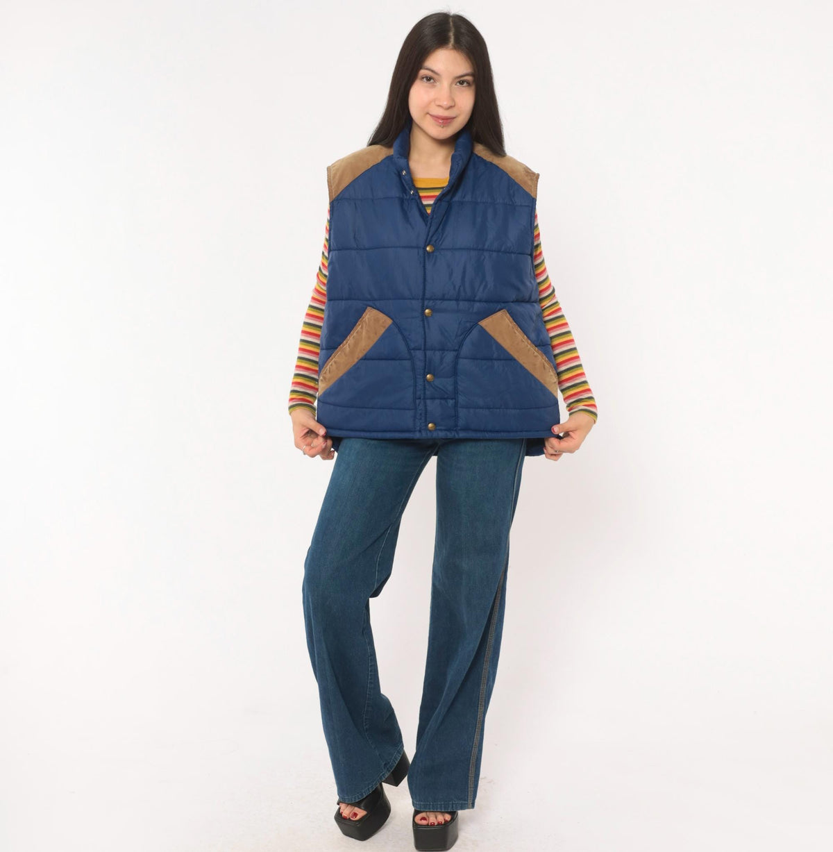 80s Navy Puffer Vest Quilted Suede Trim Snap Front Stand Collar Medium M