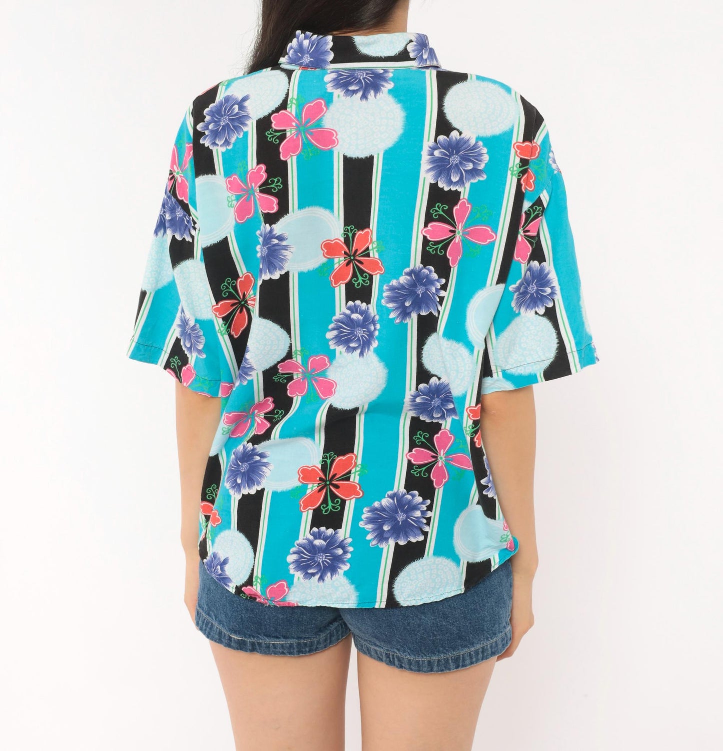 90s Justin Allen Chemise Floral Button Shirt Turquoise Chrysanthemum Medium M