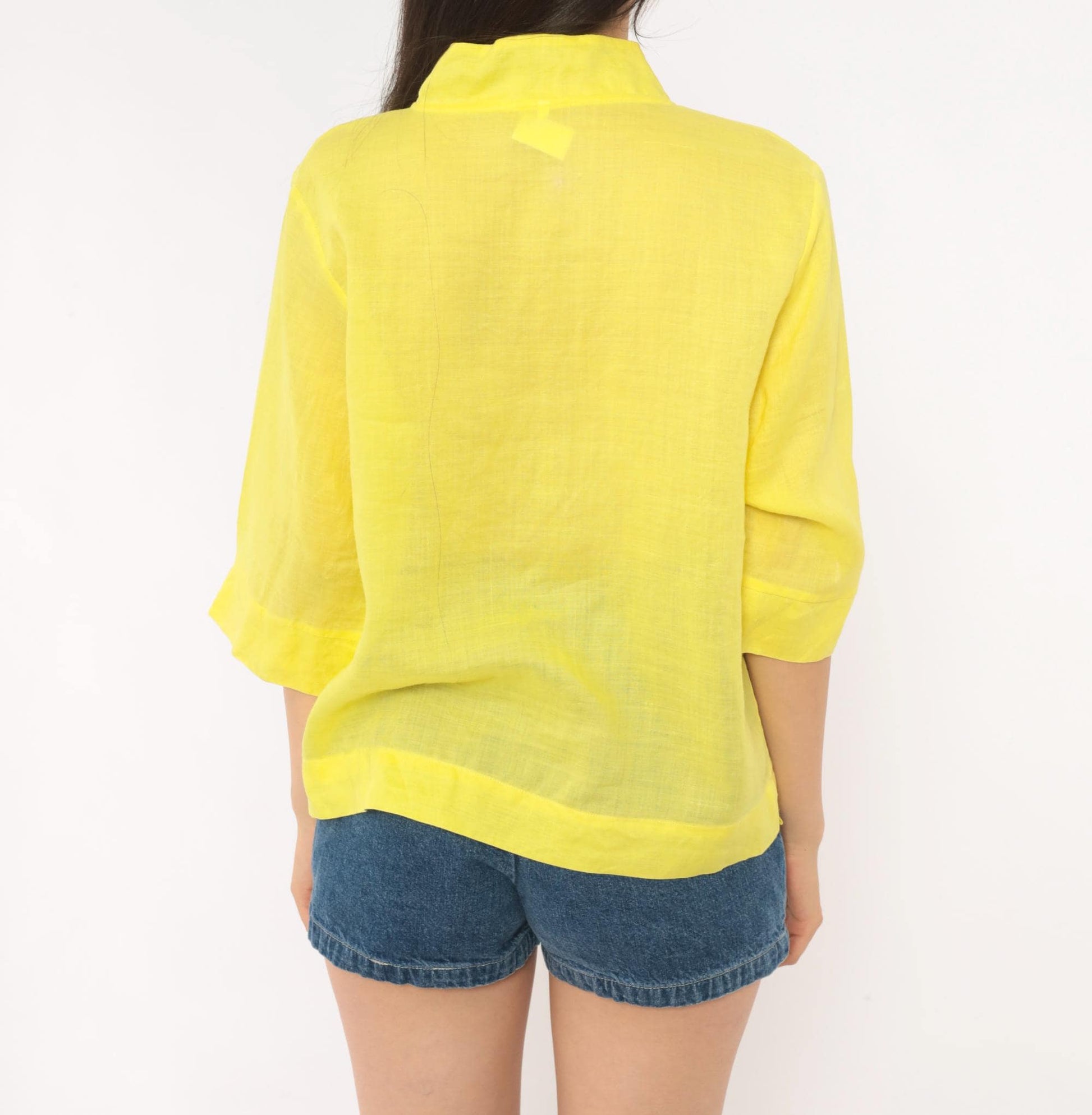 80s Yellow Embroidered Floral Mandarin Collar Blouse Cotton Three Quarter Sleeve Medium