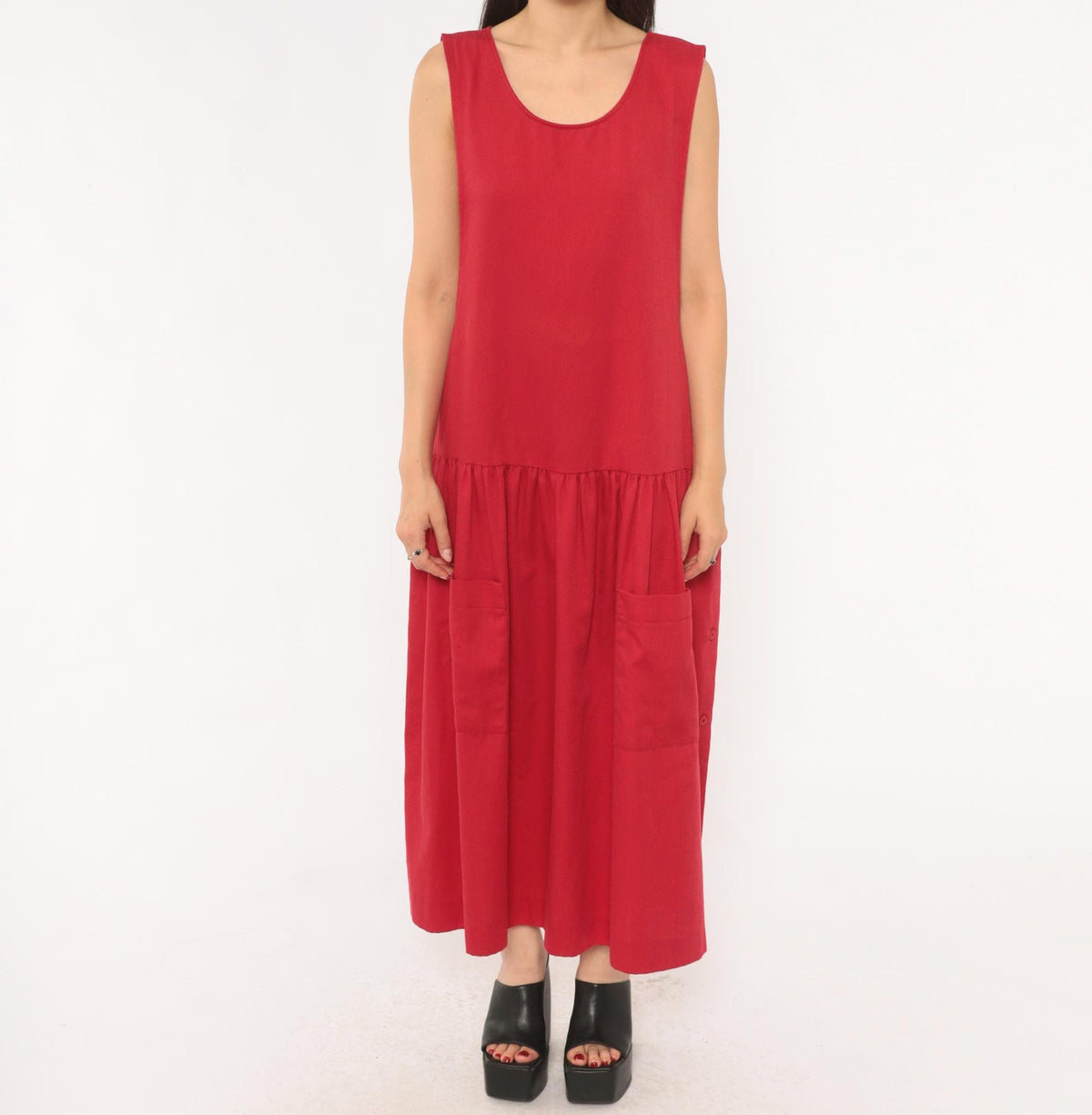 90s Carmel Crimson Red Maxi Dress Drop Waist Sleeveless Scoop Neck Large L