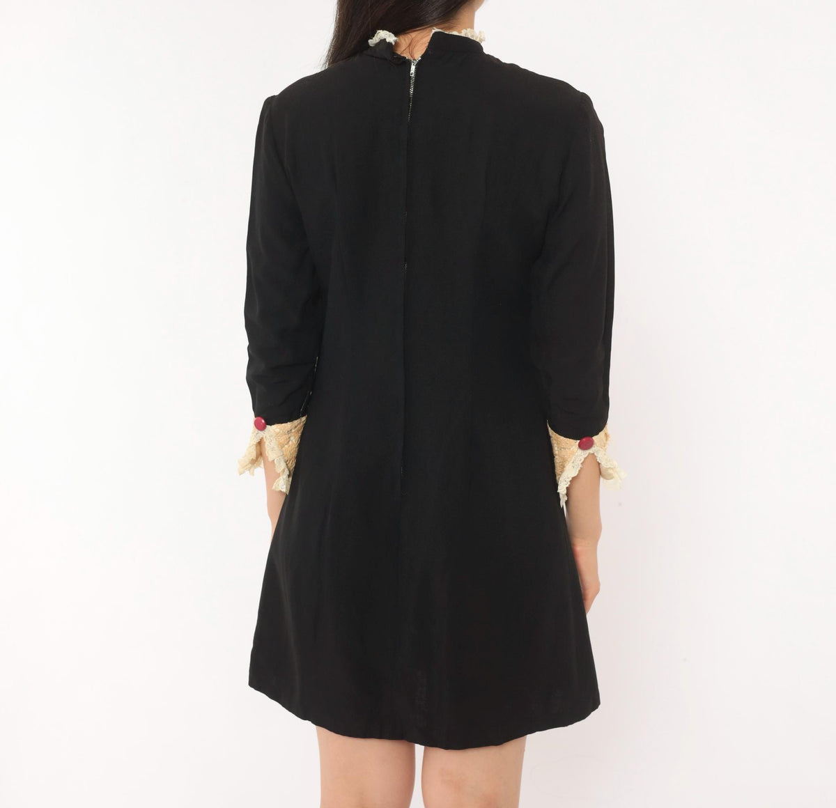 60s Black Mini Shift Dress Cream Lace Bib Mock Neck Ruffle Cuff Extra Small