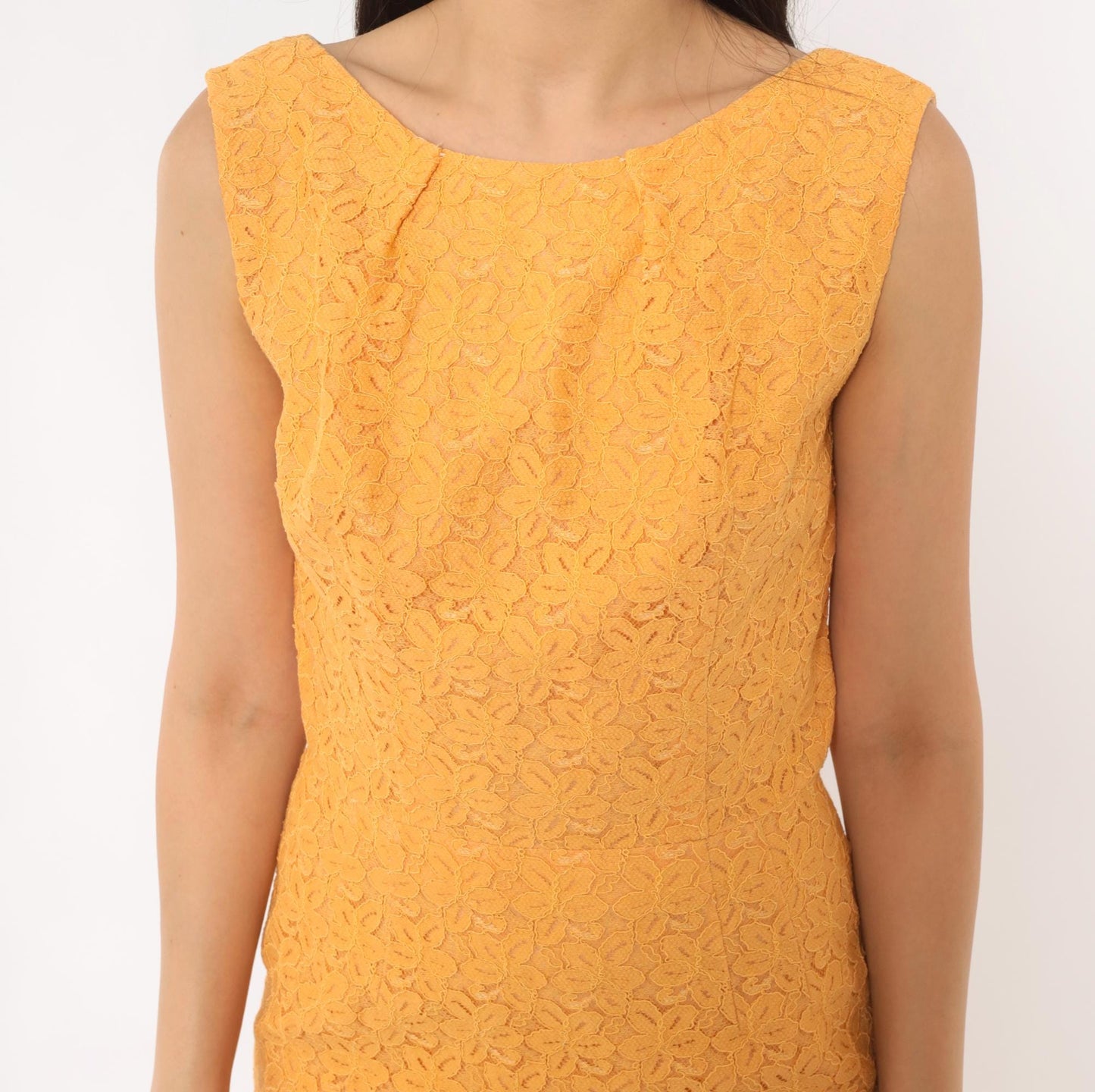 60s Golden Orange Lace Sheath Dress Boat Neck Sleeveless Knee Length Small