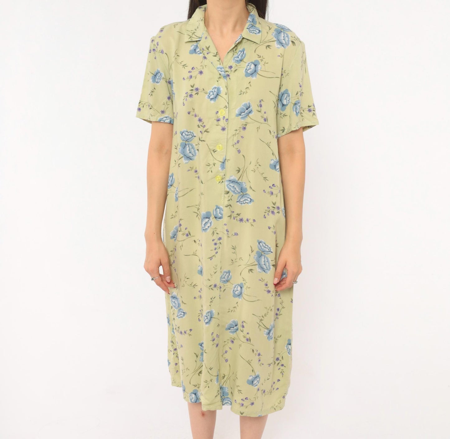 90s Sage Green Floral Shirt Dress Blue Rose Print Midi Medium M
