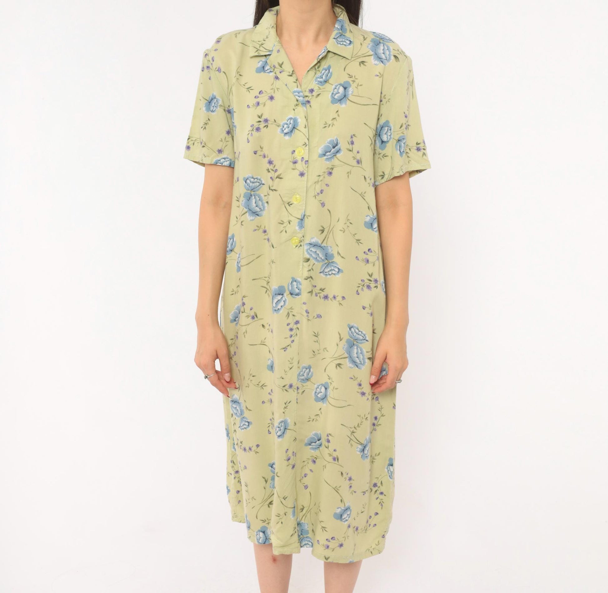 90s Sage Green Floral Shirt Dress Blue Rose Print Midi Medium M
