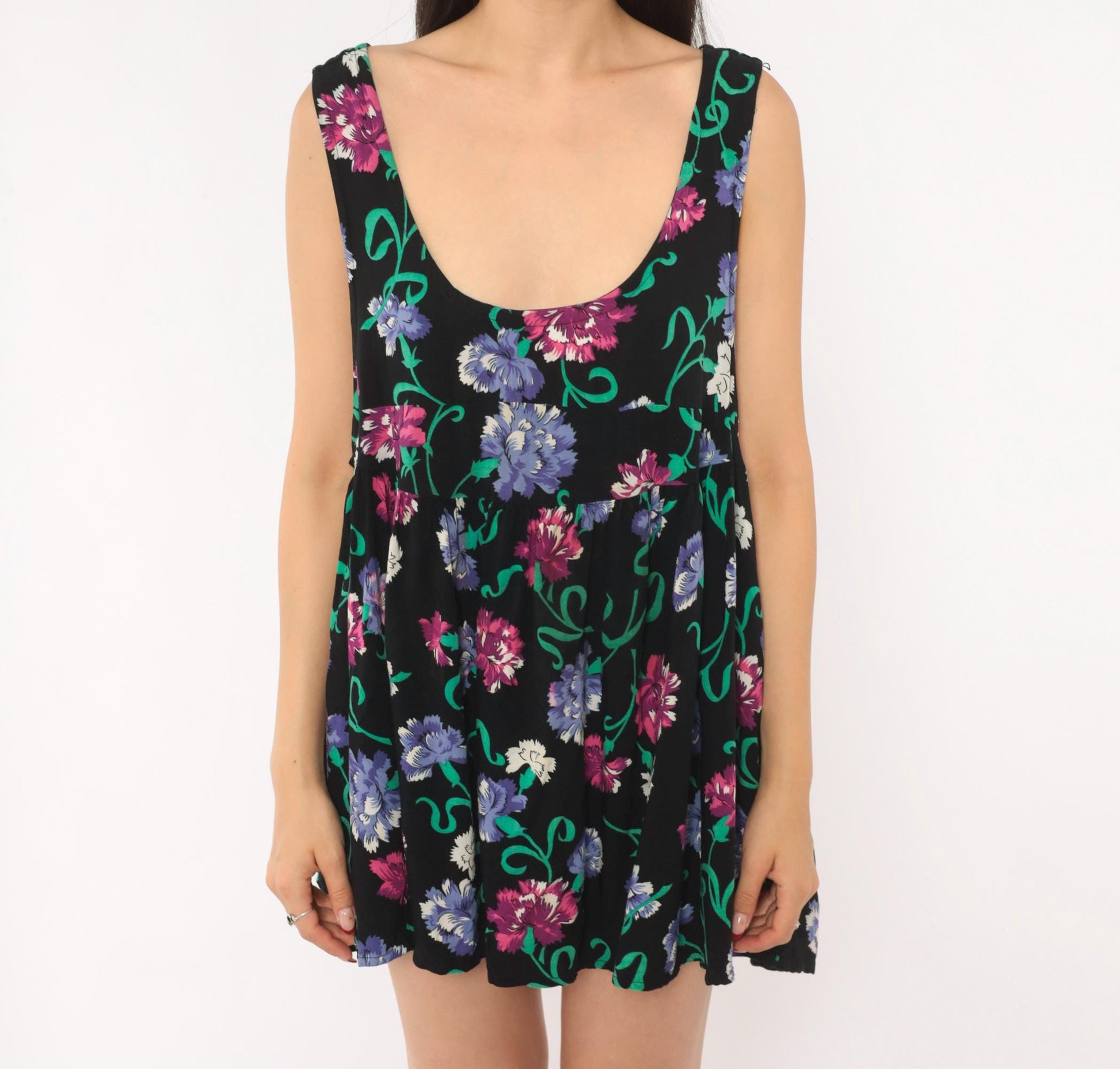 90s Katy D Floral Babydoll Mini Dress Black Empire Waist Scoop Neck Medium M