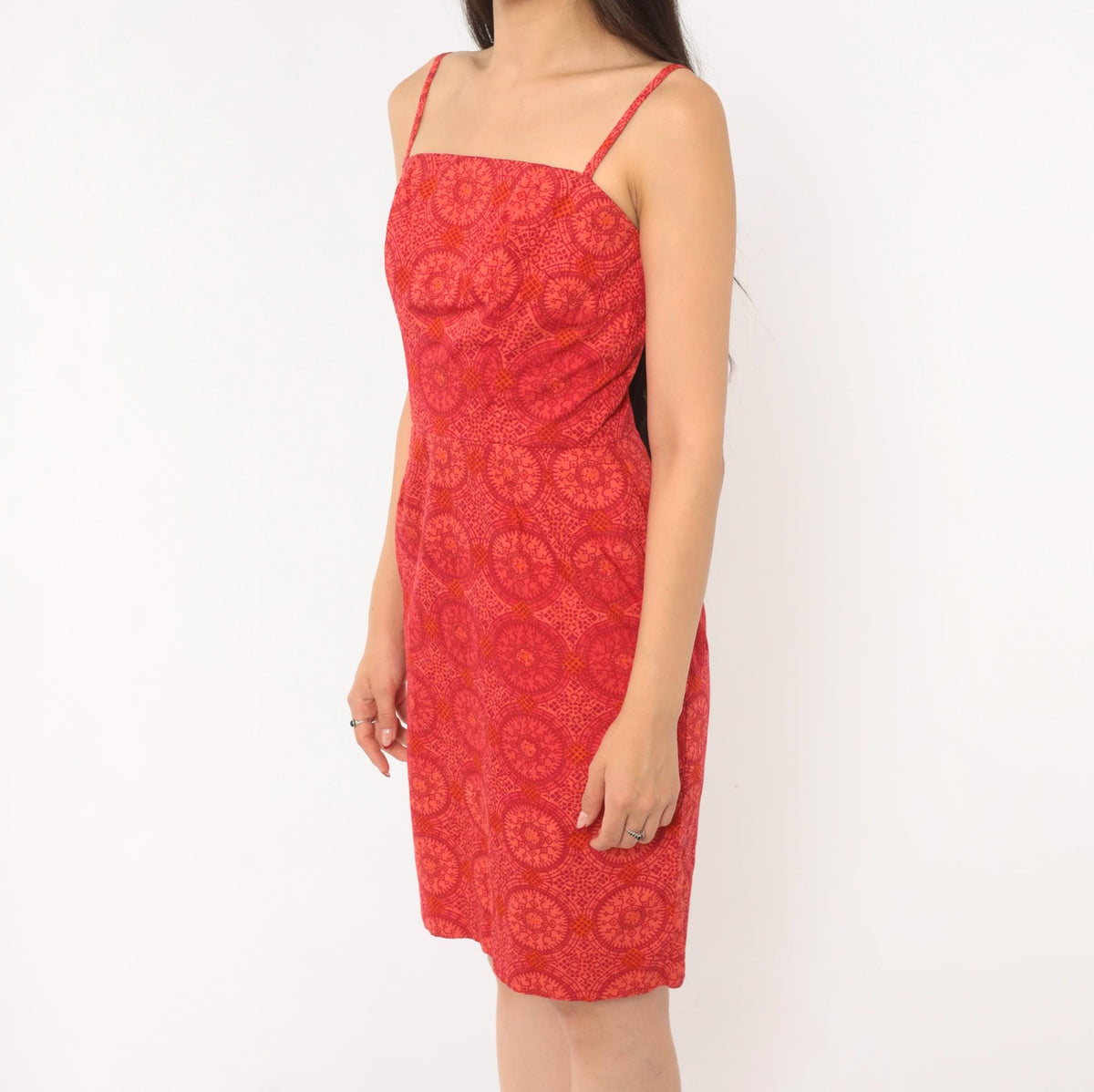 60s Medallion Print Sundress Red Orange Square Neckline Fitted Bodice Small
