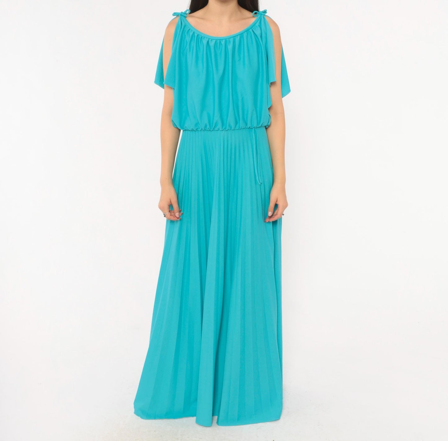 70s Turquoise Maxi Dress Cold Shoulder Flutter Sleeve Blouson Bodice Medium