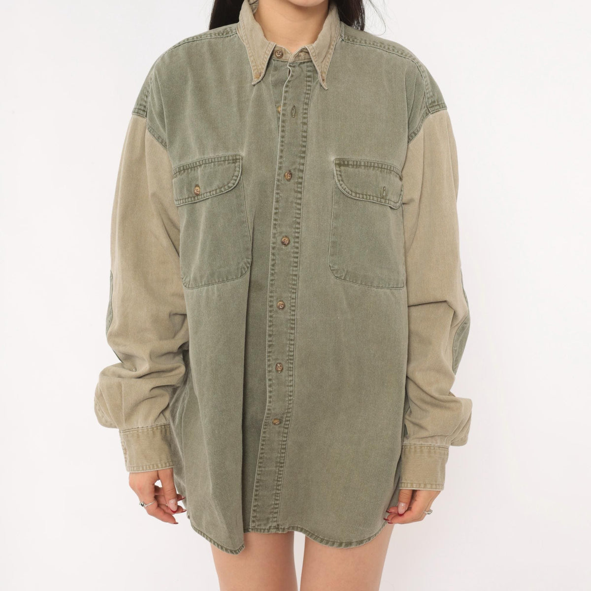 90s Redhead Two-Tone Corduroy Button-Up Shirt Olive Tan Large L