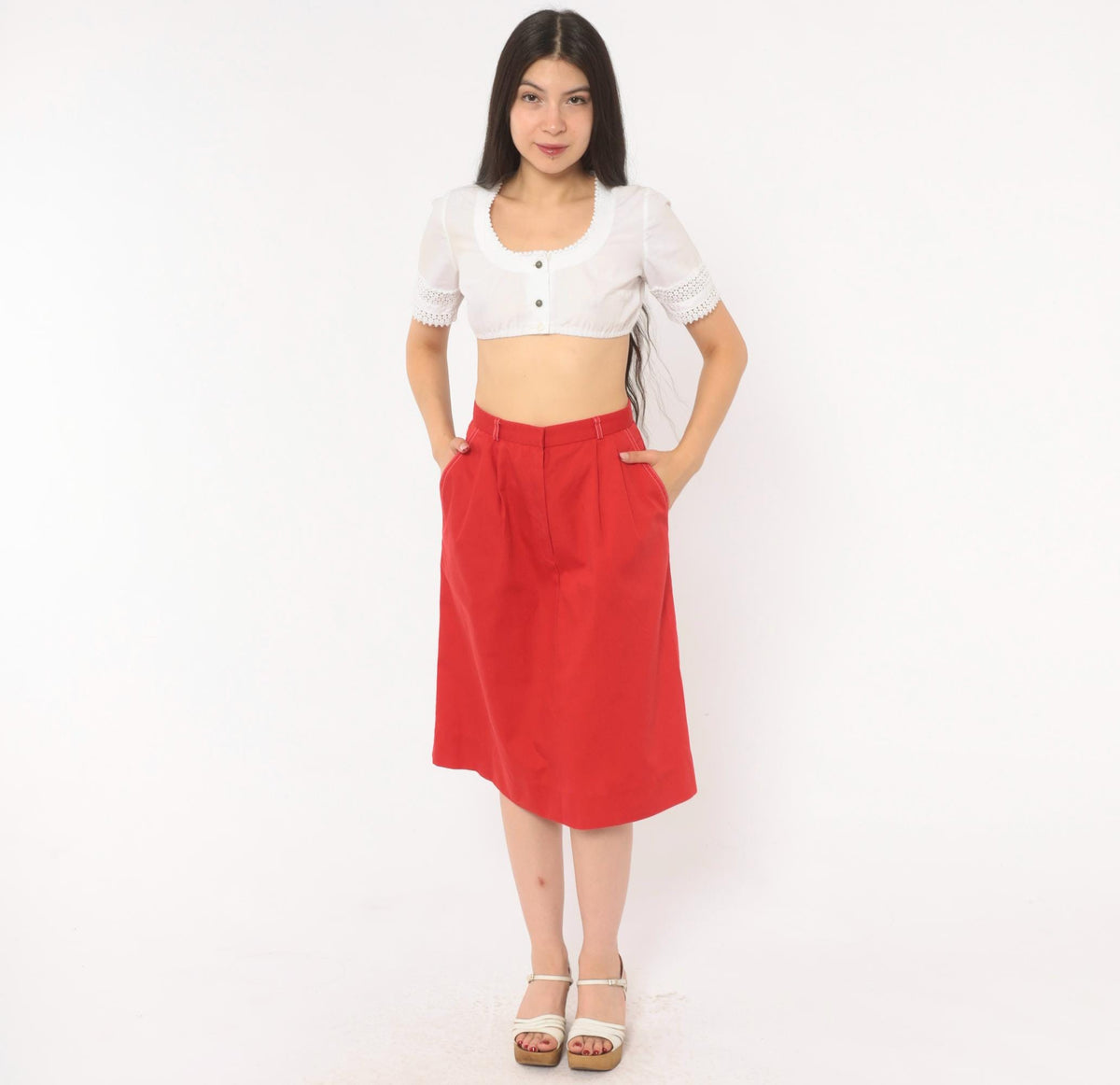 80s Country Suburbans Red Pleated Pencil Skirt Knee Length High Waist Extra Small