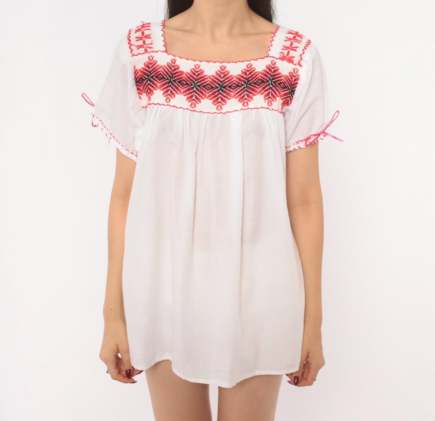 90s White Peasant Blouse Embroidered Red Cross Stitch Square Neck Puff Sleeve Medium