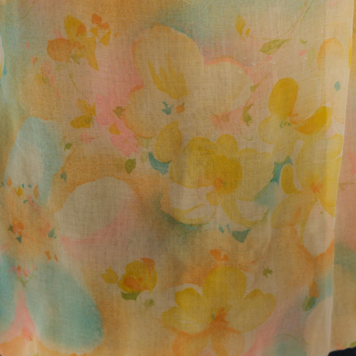 70s Watercolor Floral Sleeveless Blouse Yellow Pink Blue Cotton Mock Neck Extra Small