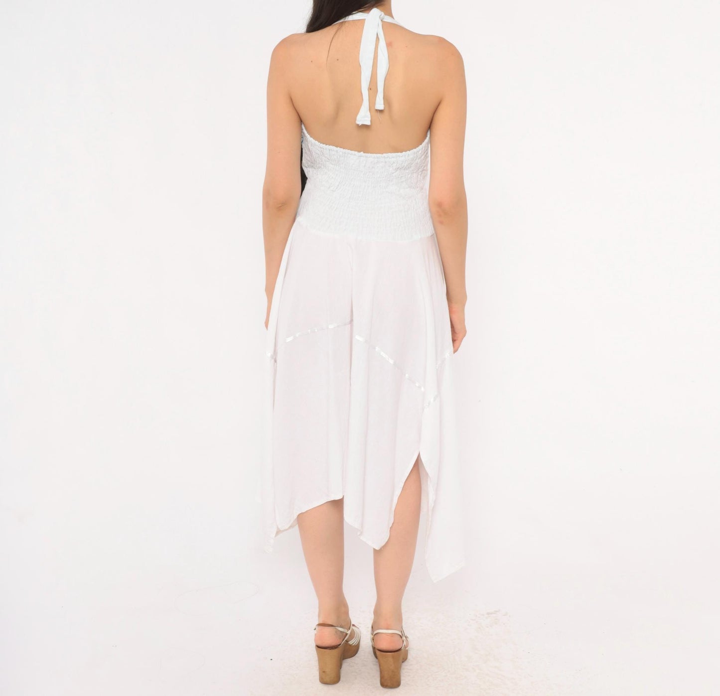 90s White Sunflower Embroidered Halter Dress Cotton Handkerchief Hem Medium