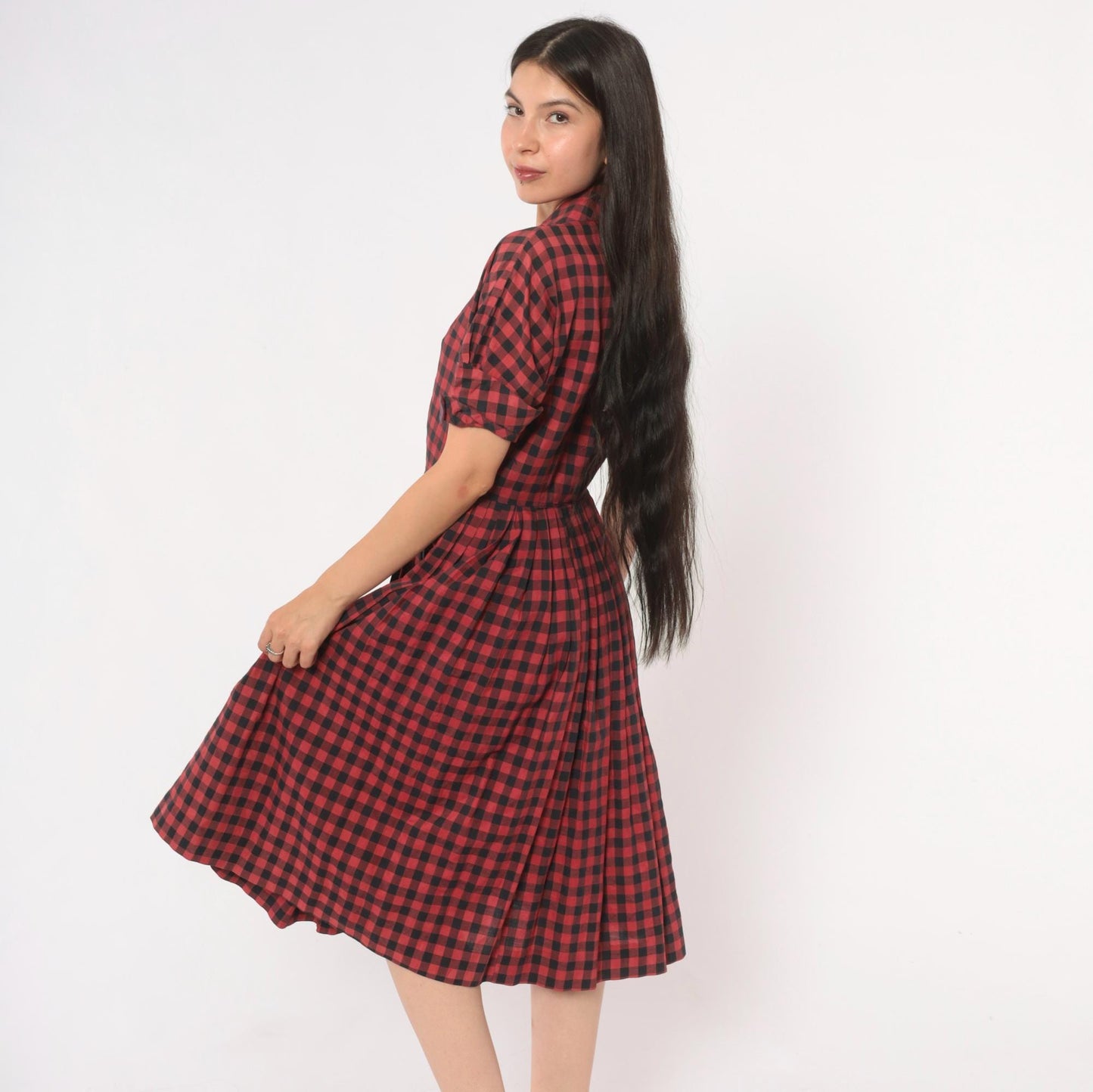 60s Meg Marlowe Buffalo Check Shirtdress Burgundy Black Plaid Cotton Small