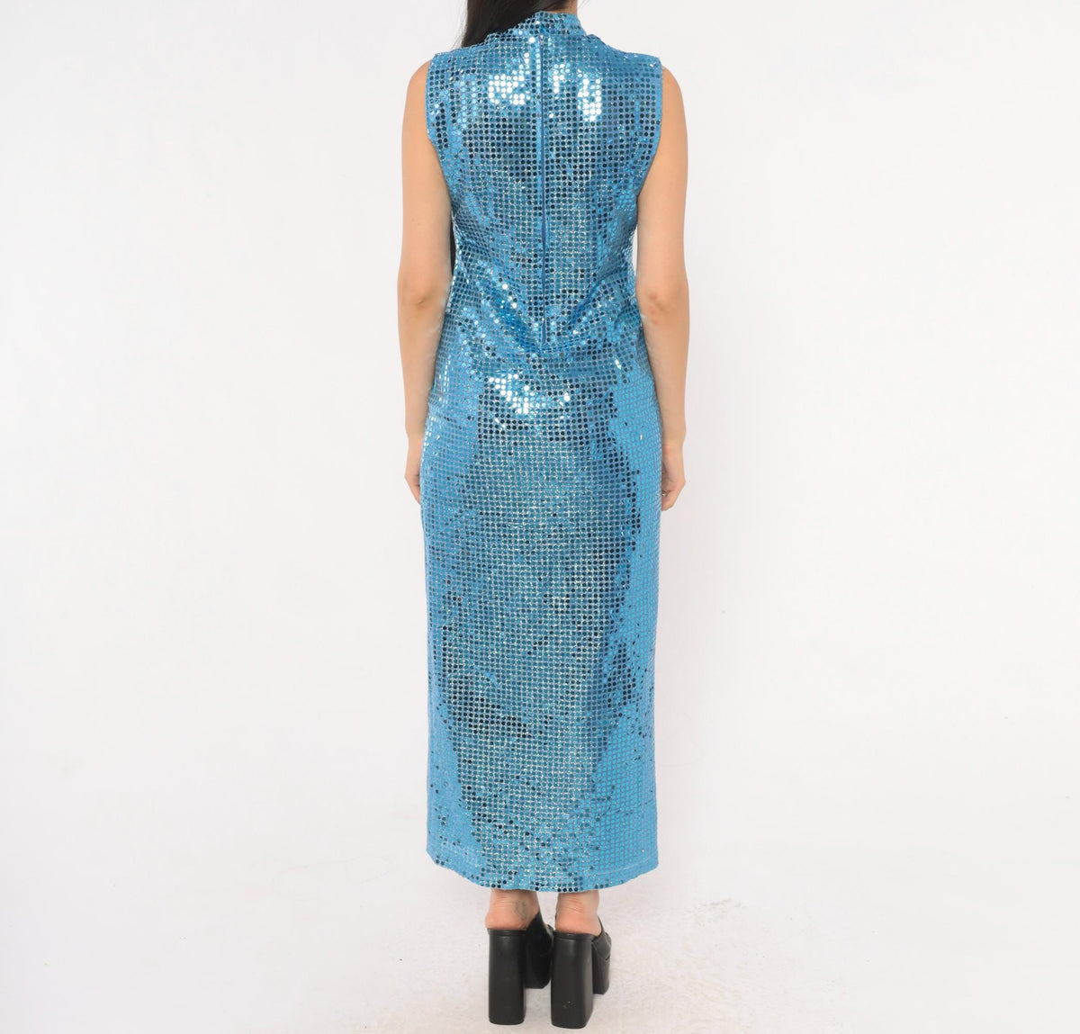 80s Ice Blue Sequin Maxi Dress Choker Neck Keyhole Sleeveless Small