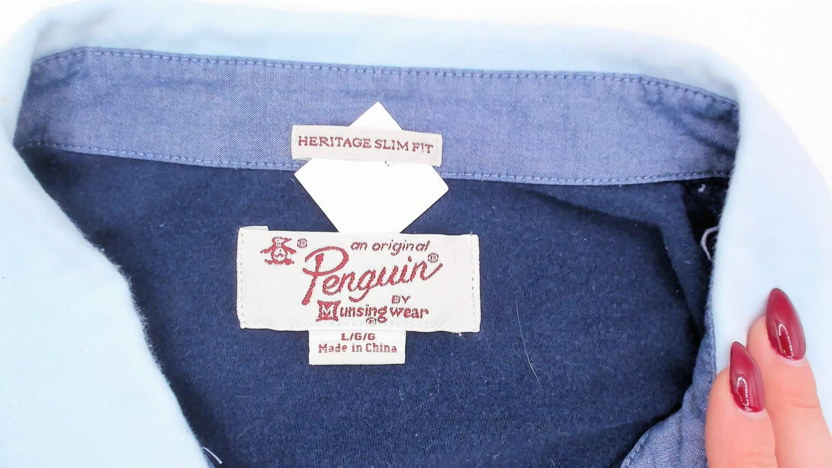 Y2K Penguin Striped Polo Cotton Collared Shirt Multicolor Large L