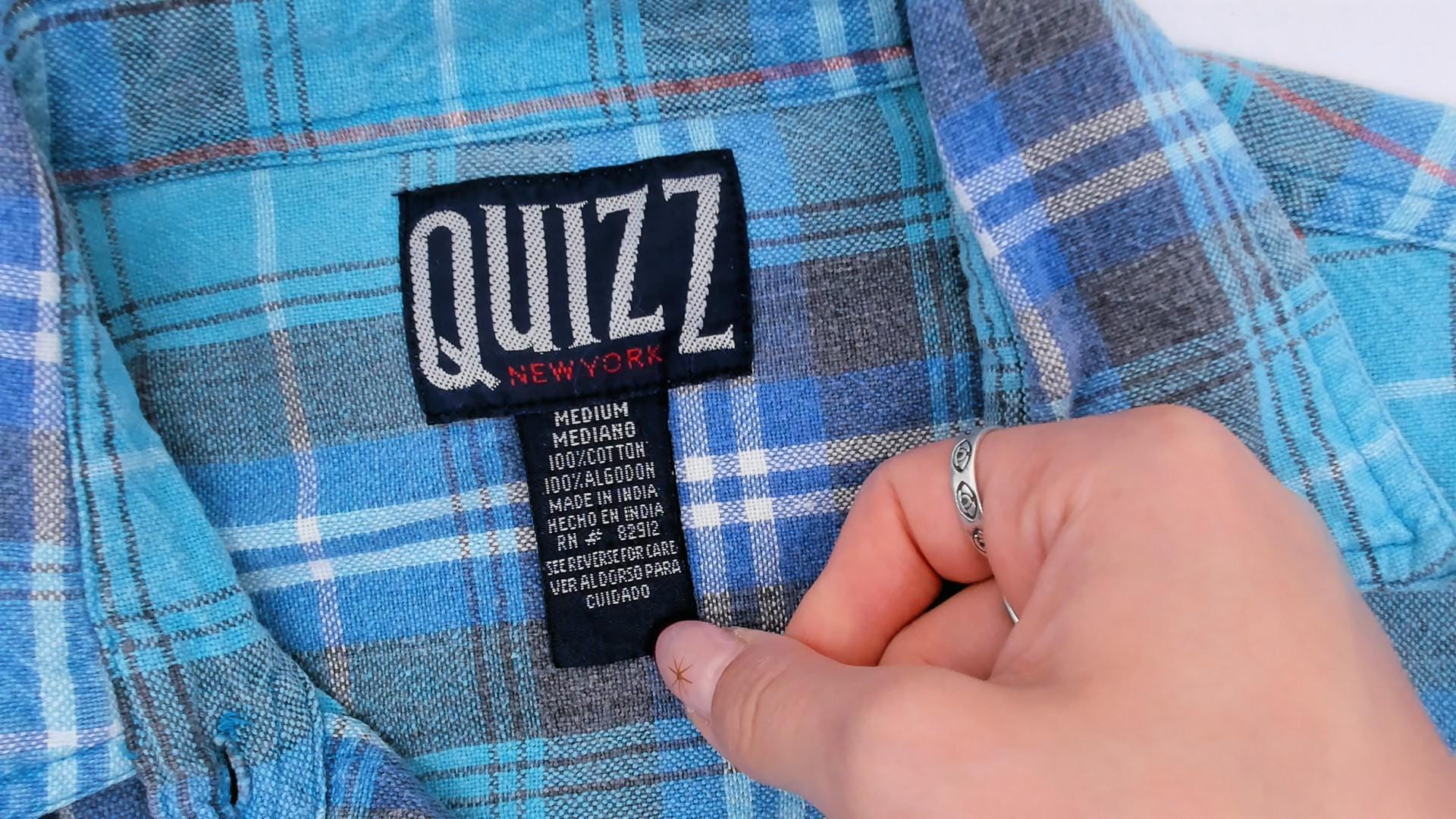 90s Quizz Plaid Flannel Shirt Teal Blue Grey Cotton Button-Up Medium