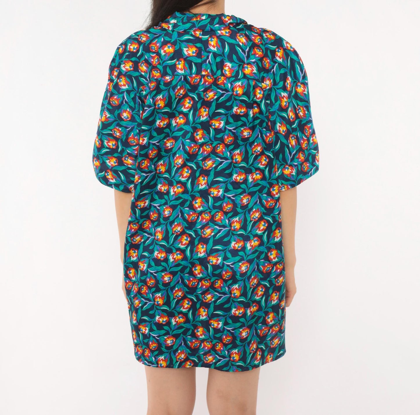 80s Josephine Floral Print Shirt Navy Tulip Blouse Collared Large L