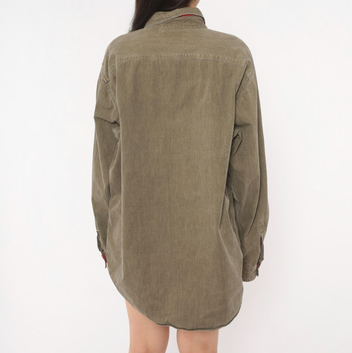 90s L.L.Bean Flannel Lined Work Shirt Olive Denim Cotton Button Front Extra Large XL