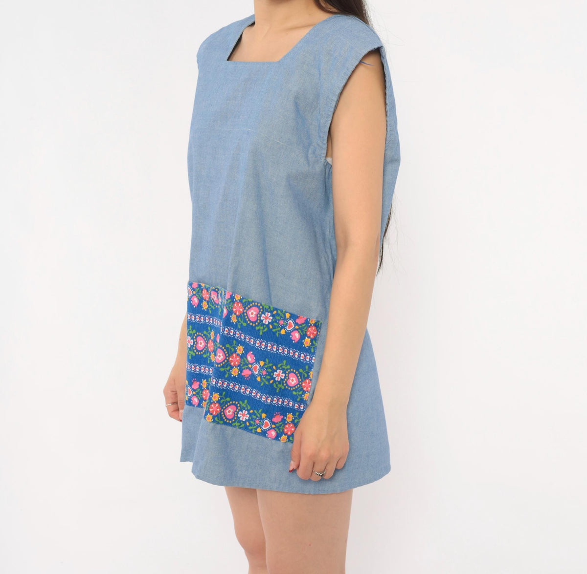 70s Light Blue Chambray Tunic Apron Dress Floral Print Open Back Small