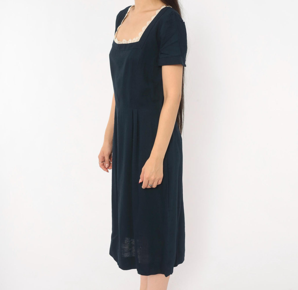 60s Navy Dress Square Neck Lace Trim A-Line Short Sleeve Side Zip Medium M