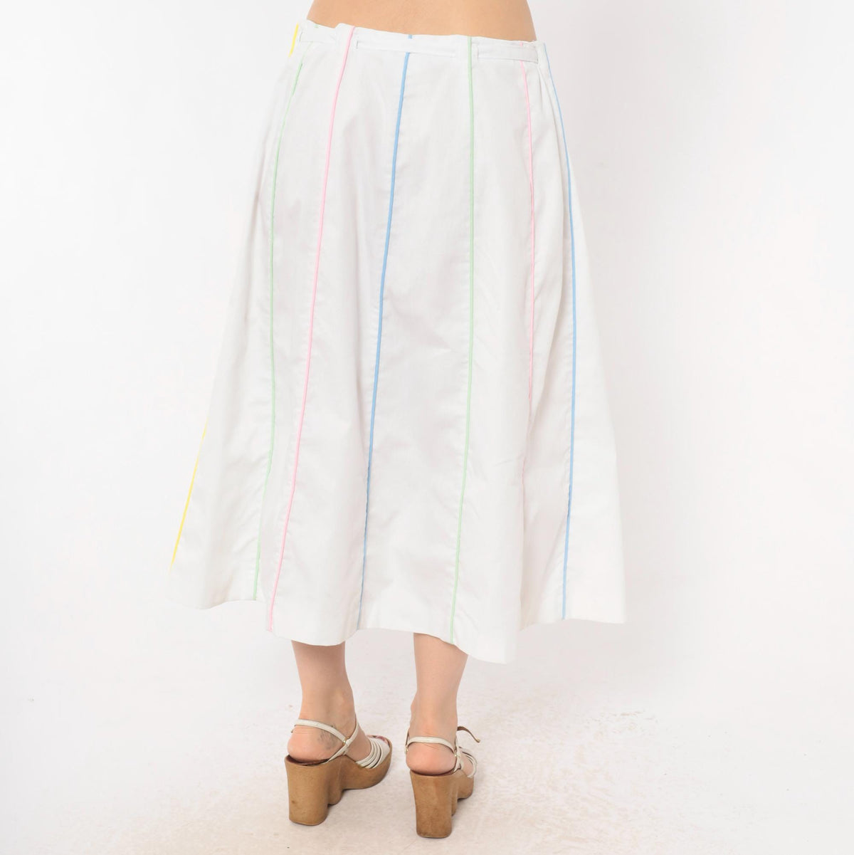 80s Sanibel White Cotton A-Line Midi Skirt Pastel Rainbow Button Front Medium