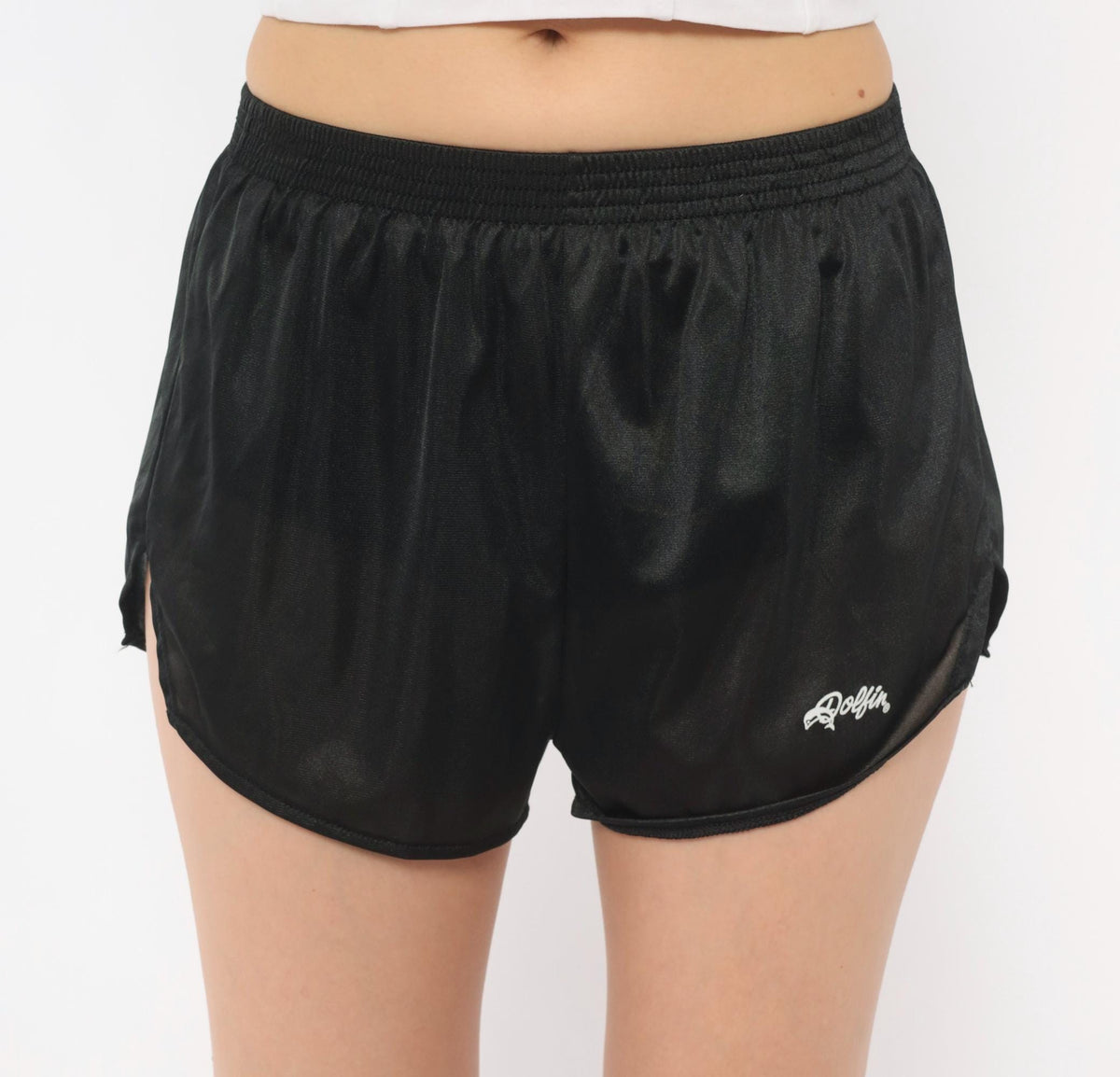 80s Dolfin Black Satin Running Shorts Dolphin Logo Small S