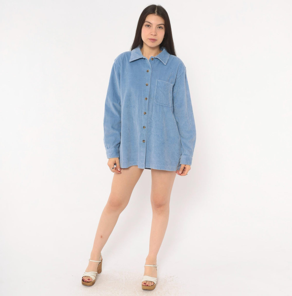 90s L.L.Bean Corduroy Button-Front Shirt Sky Blue Cotton Medium M