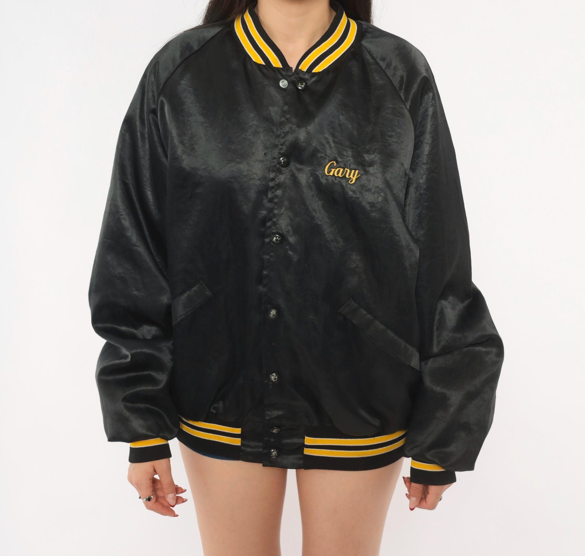 80s King Louie Pro Fit Wyoming Welding Satin Bomber Jacket Black Gold Large L