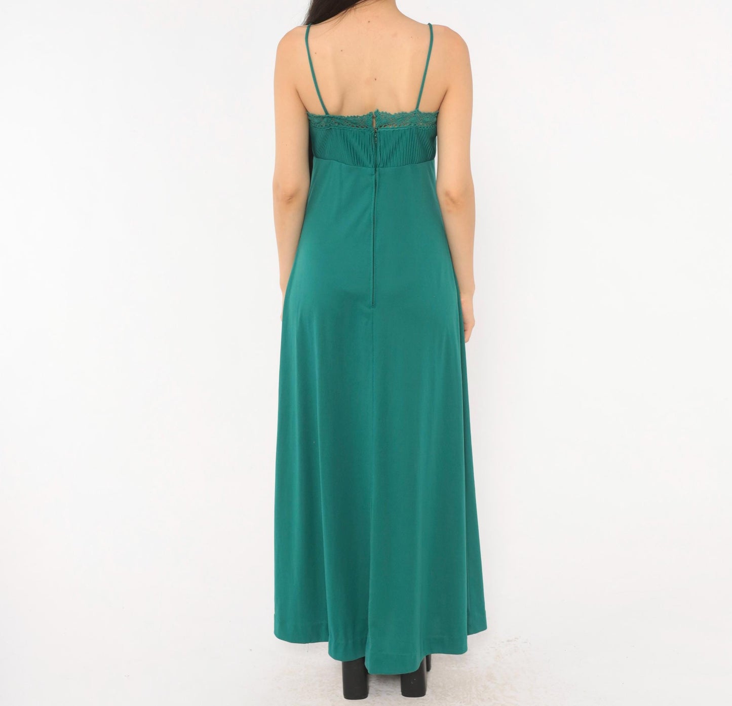 70s Teal Crochet Lace Maxi Dress Empire Waist Spaghetti Strap Extra Small