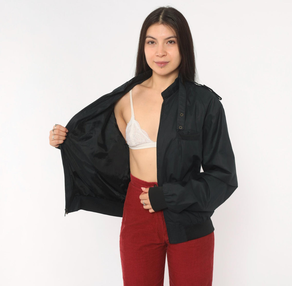 90s Black Bomber Jacket Zip Front Epaulette Military Windbreaker Medium