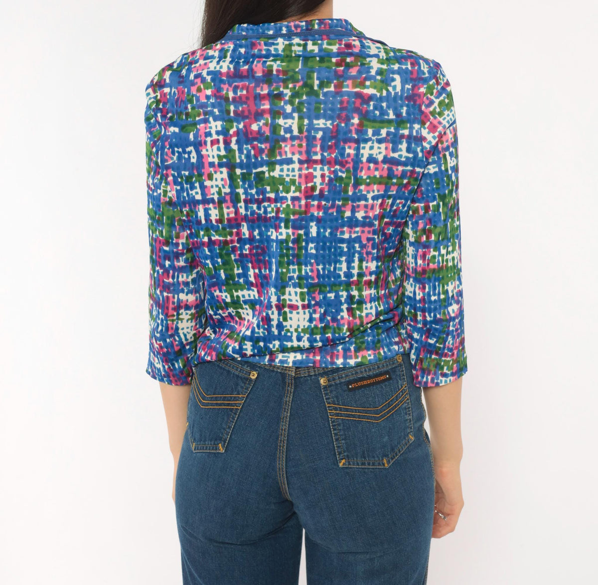 70s Puritan Forever Yours Abstract Crosshatch Blouse Blue Pink Green Small