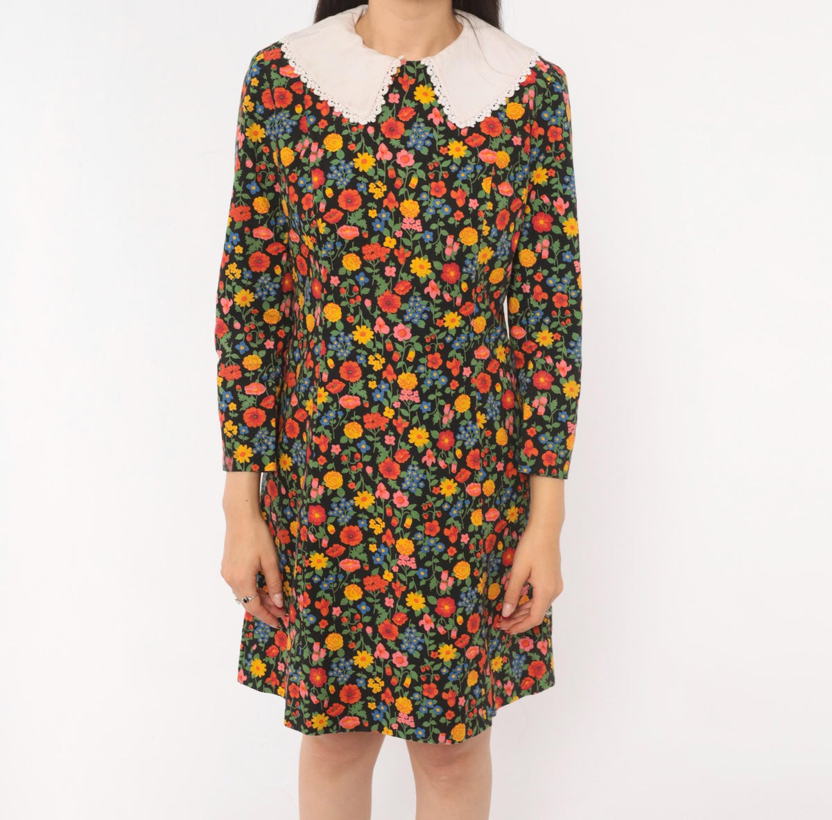 60s Black Floral Peter Pan Collar Shift Dress Wildflower Print Small