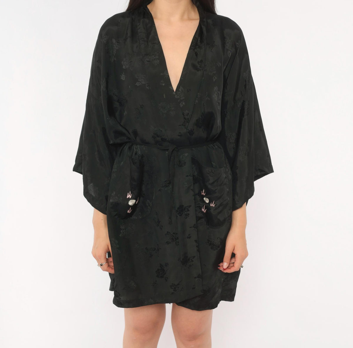90s Golden Bee Black Satin Kimono Robe Dragon Embroidered Medium M