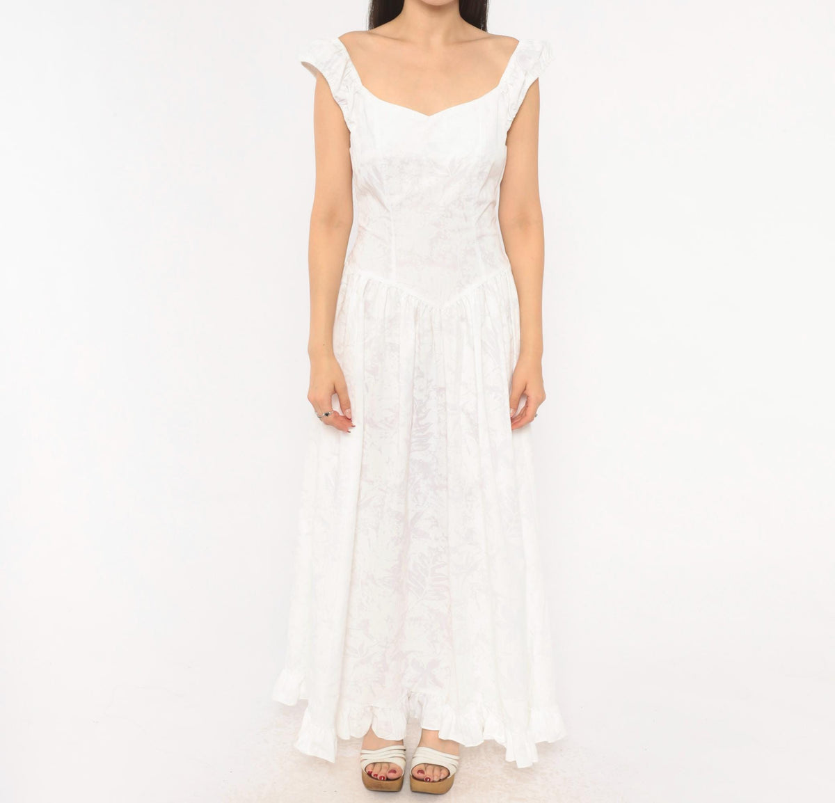 80s White Cotton Maxi Dress Sweetheart Neckline Basque Waist Floral Extra Small
