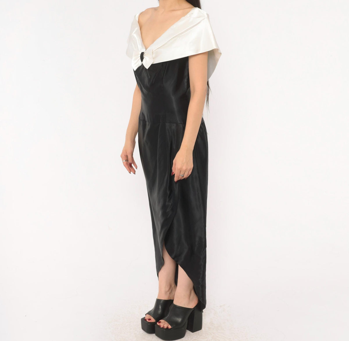 90s Black Satin Maxi Gown White Bow Off-Shoulder V-Neck Cap Sleeve Medium