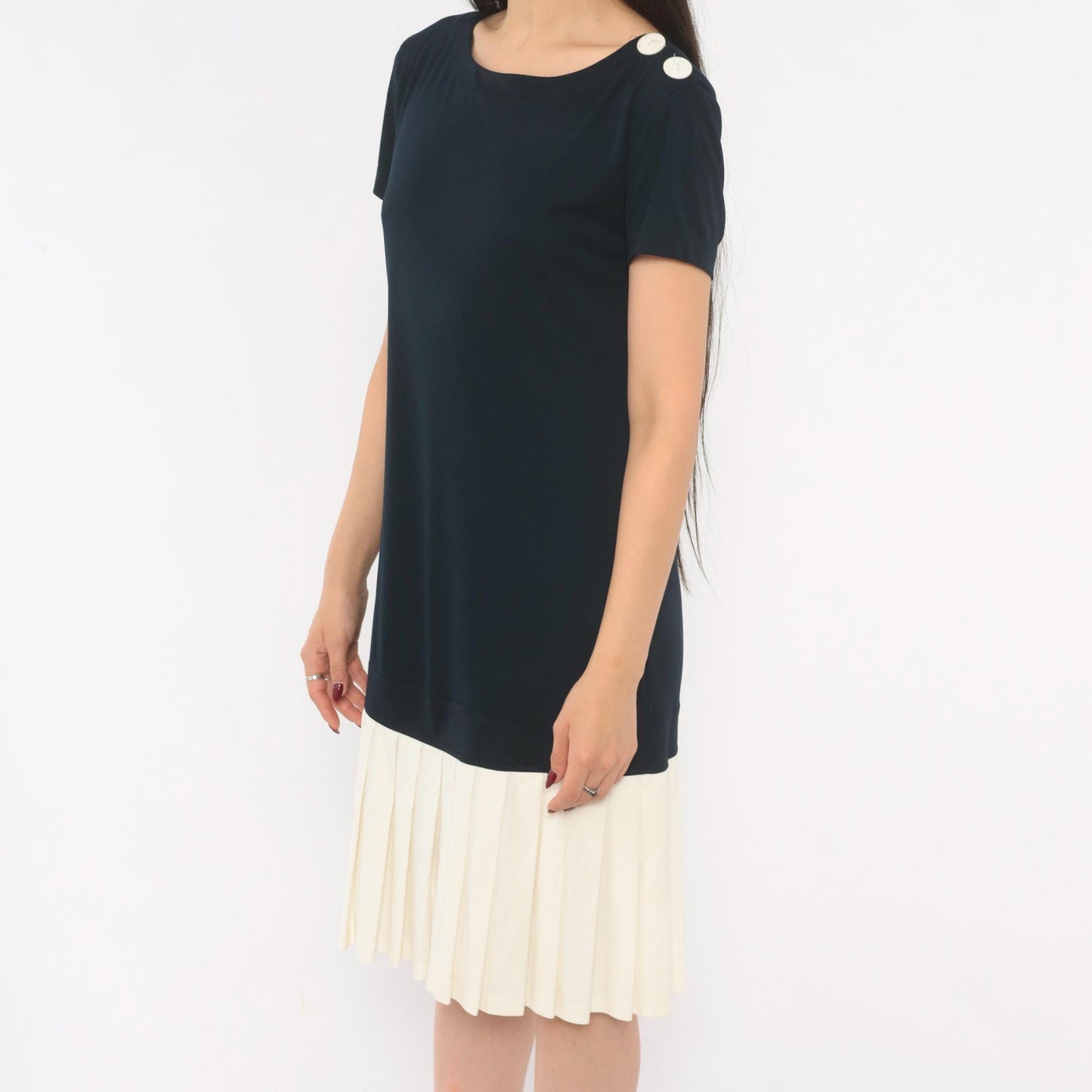 90s Robbie Bee Drop Waist Dress Navy Cream Pleated Colorblock Small