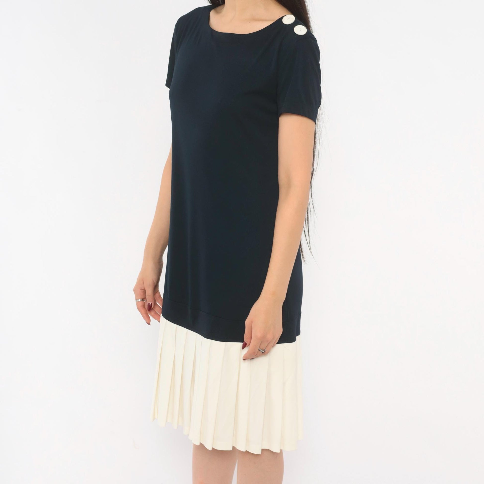 90s Robbie Bee Drop Waist Dress Navy Cream Pleated Colorblock Small