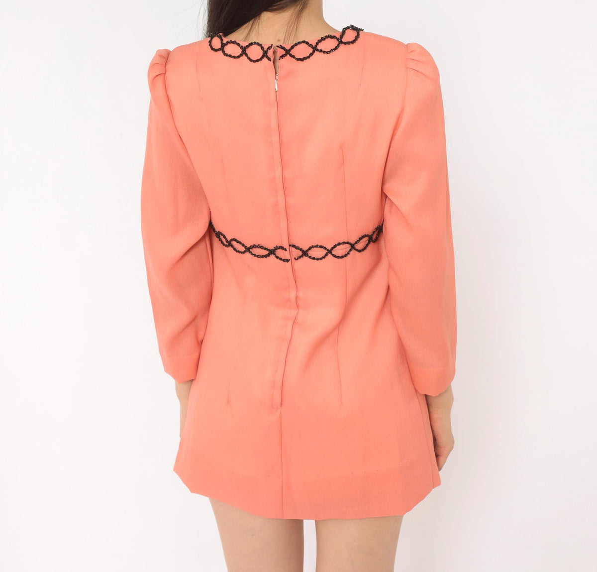 70s Peach Mini Dress Puff Sleeve V Neck Empire Waist Black Beaded Chain Small