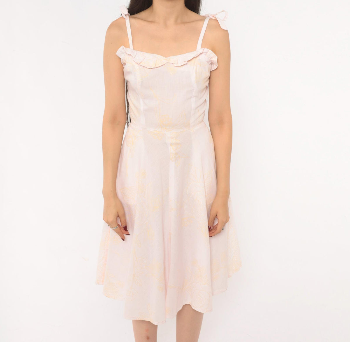 80s Blush Pink Floral Sundress Sweetheart Neckline Ruffle Tie Straps Extra Small XS