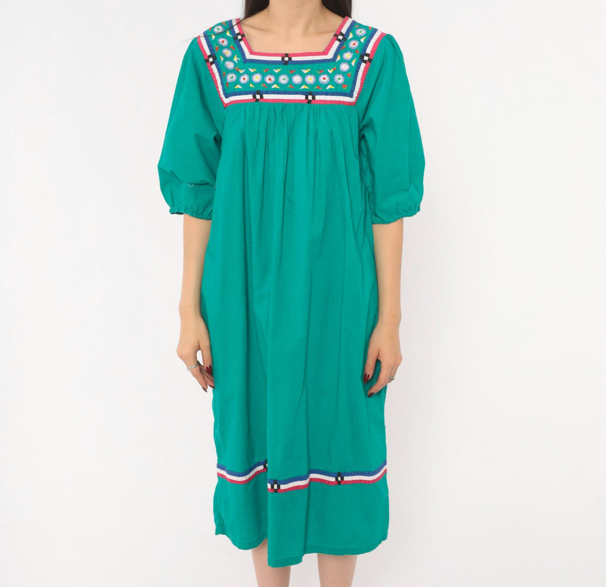 80s Naqui Teal Cotton Dress Embroidered Floral Yoke Puff Sleeve Small S