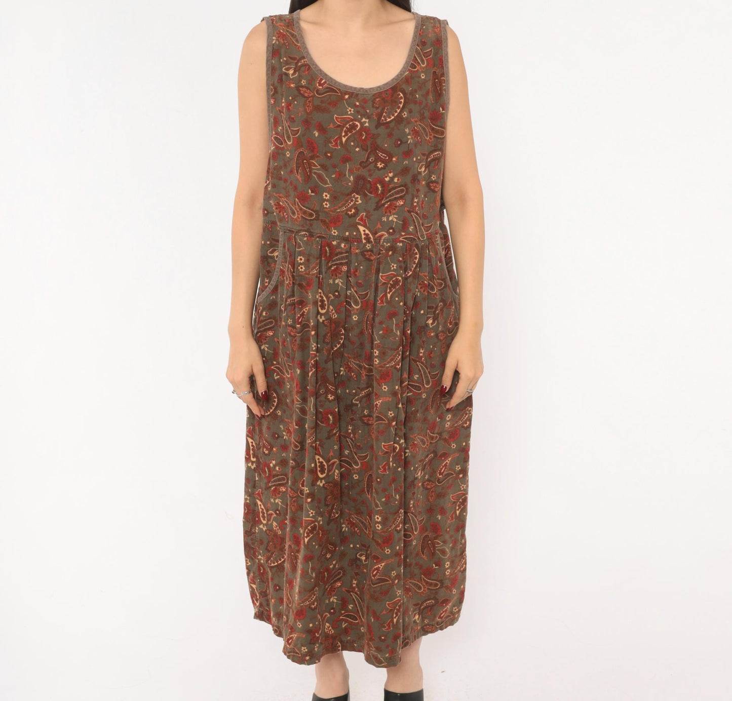 90s Erika Paisley Corduroy Jumper Dress Olive Maxi Pleated Skirt Extra Large XXL