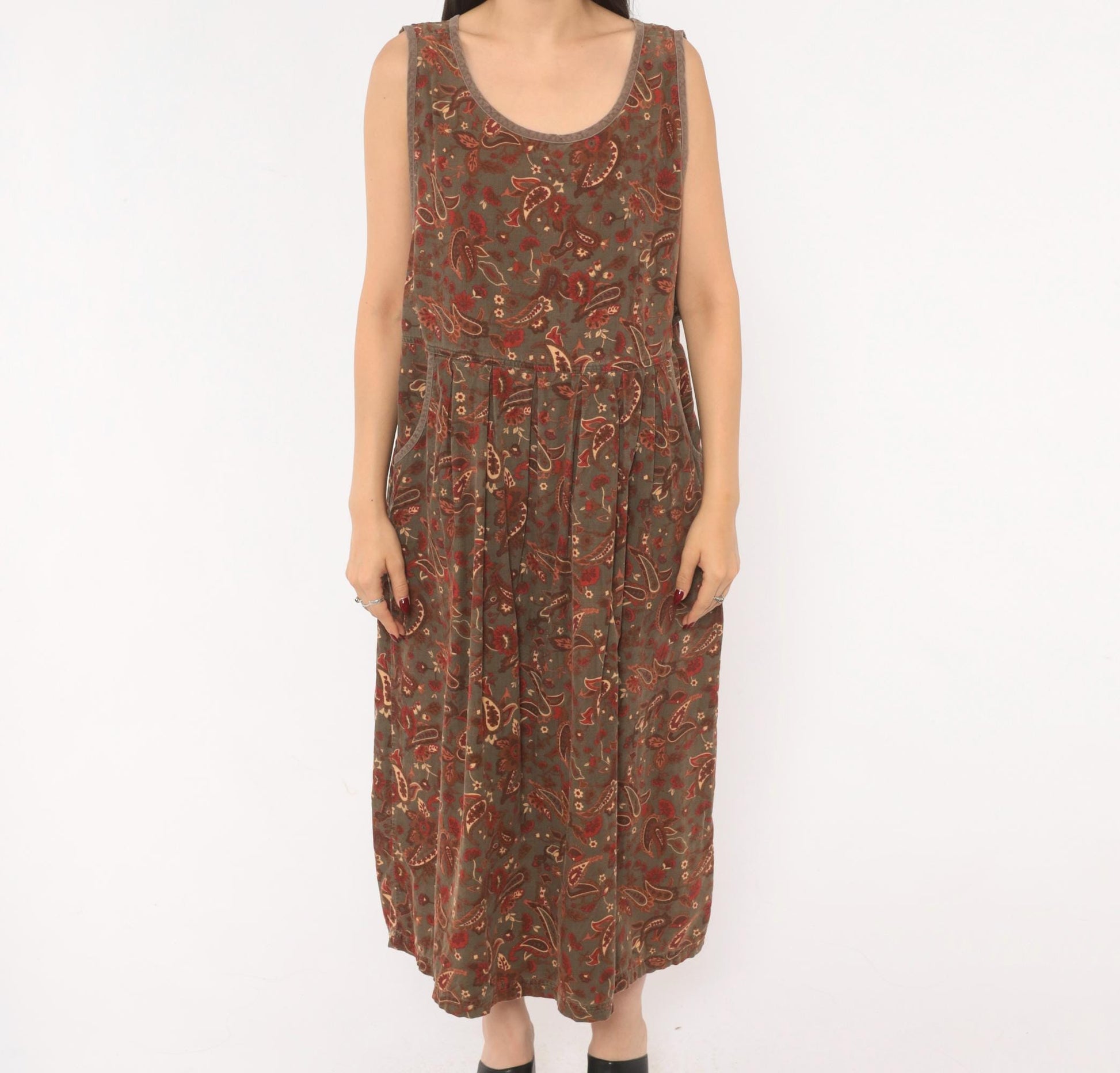 90s Erika Paisley Corduroy Jumper Dress Olive Maxi Pleated Skirt Extra Large XXL